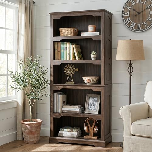 70” Walnut Bookcase Bookshelf, 5-Tier Farmhouse Bookcase Shelves | Country Rustic Bookshelves for Home, Office, School, Library, Walnut Bookcases with Storage, Open Shelf, Arched Design