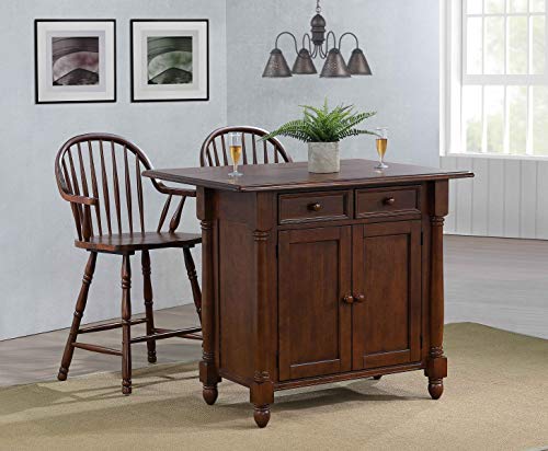 Andrews Drop Leaf Kitchen Island with Counter Height Stools with Arms |Distressed Chestnut Brown | Drawers and Cabinet