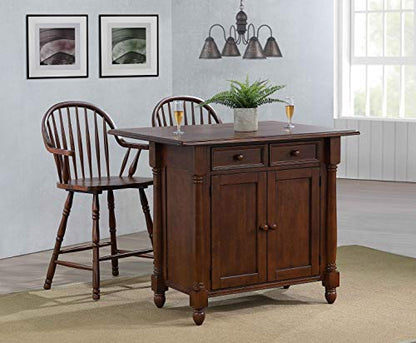 Andrews Drop Leaf Kitchen Island with Counter Height Stools with Arms |Distressed Chestnut Brown | Drawers and Cabinet