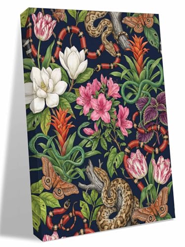 NuYeBiofx Tropical Snakes White Pink Flower Canvas Wall Art Prints,40"x28" Framed Picture Artwork Vintage Green Leaves Printed Canvas Oil Painting for Living Room Bedroom Office,Ready to Hang