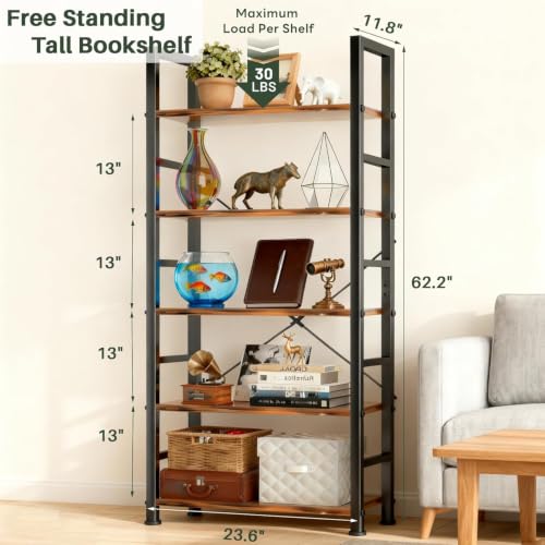 5 Tier Bookshelf, Free Standing Bookcase with Open Storage Shelves, view 4