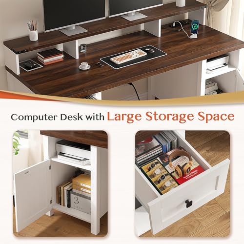55" Farmhouse Writing Desk with Long Monitor Stand,Cabinet,Drawer, view 5