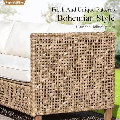 Boho Rattan Patio Sectional Set with Thick Cushions & Coffee Table – Balcony, Backyard & Poolside Outdoor Furniture (Beige)
