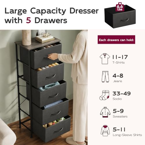 Tall Dresser for Bedroom, 5 Drawer Dresser, Charcoal Black, view 7