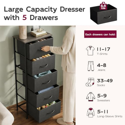 Tall Dresser for Bedroom, 5 Drawer Dresser, Charcoal Black, view 7