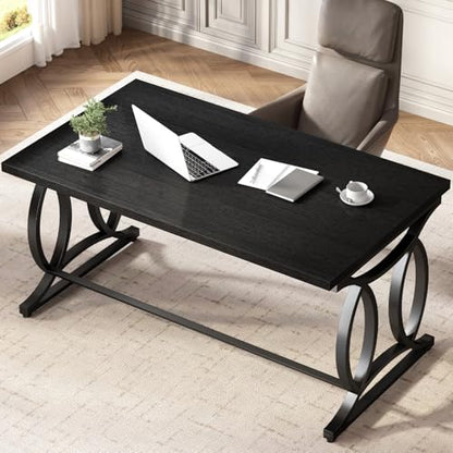 Black Home Office Desk, 55 Inch Metal Wood Computer Desk, view 4