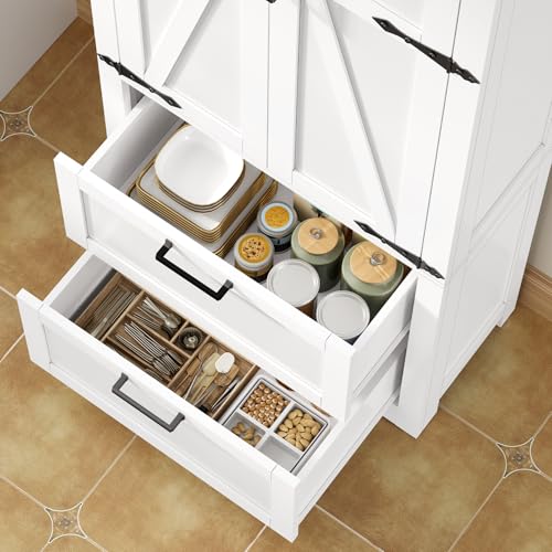 66.1" H Storage Cabinet with 2 Drawers, Farmhouse Kitchen Pantry Cabinet with 2 Doors & Adjustable Shelf, Bathroom Cabinet, for Living Room, Kitchen, Bathroom, White