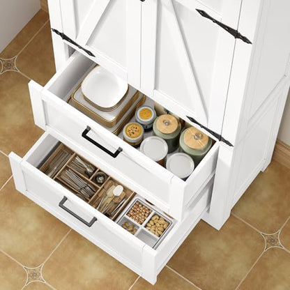 66.1" H Storage Cabinet with 2 Drawers, Farmhouse Kitchen Pantry Cabinet with 2 Doors & Adjustable Shelf, Bathroom Cabinet, for Living Room, Kitchen, Bathroom, White