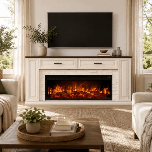 70" Electric Fireplace with Mantel, Fireplace TV Stand with Cabinet Drawers, view 3