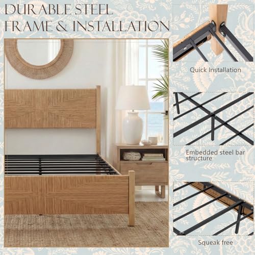 Queen Size Rattan Bed Frame, Boho Bed Frame with Hand Woven Wicker Headboard & Footboard, Mid-Century Solid Wood Posts and Feet, Metal Slat, No Box Spring Needed, Natural Oak