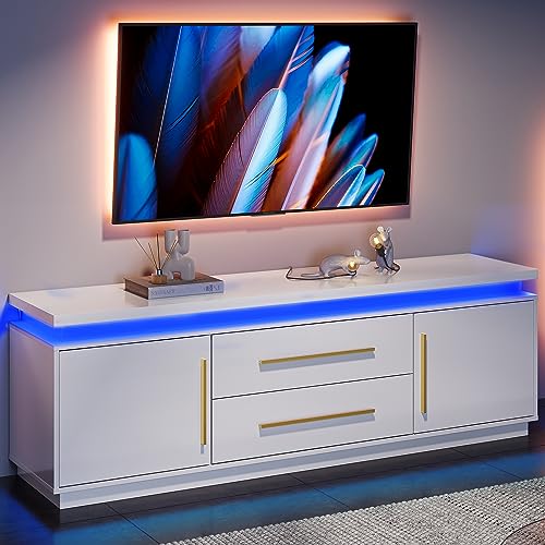 67" TV Stand for TV up to 75", Modern Entertainment Center with LED Lights Change to Melody of Music, Media Console Table with Cabinets and Drawers for Living Room, Bedroom - Studio (White)