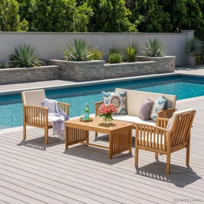 4 Piece Outdoor Conversation Set Acacia Wood Patio Furniture withWater Resistant Cushions 4pc Loveseat and Club Chairs for Backyard Garden Porch Outdoor Living Space Aesthetic Patio Decor Finds
