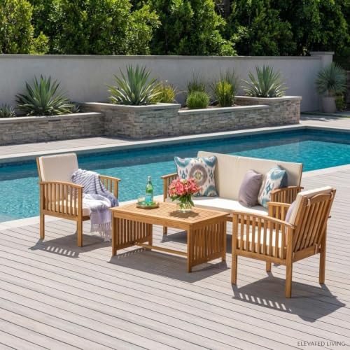 4 Piece Outdoor Conversation Set Acacia Wood Patio Furniture withWater Resistant Cushions 4pc Loveseat and Club Chairs for Backyard Garden Porch Outdoor Living Space Aesthetic Patio Decor Finds