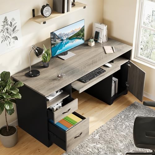 59" Executive Desk, File Drawer, Keyboard Tray & 2 Drawers, Gray, view 7