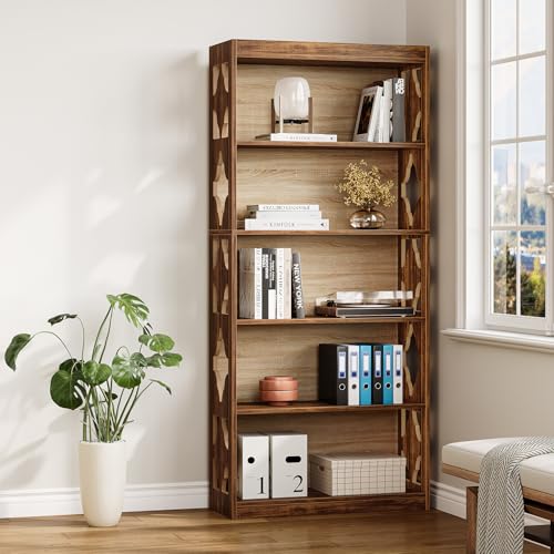 69.9" Vintage Bookshelf, 5-Tier Tall Bookshelves, Cutout Design Vertical Bookcase, Freestanding Storage Display Shelf for Living Room, Bedroom, Study, Office, 1 Pack