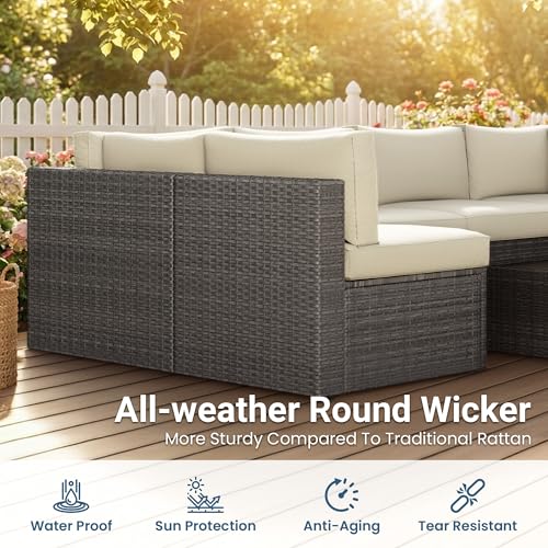 7 Pieces Wicker Outdoor Patio Furniture Set, Patio Sectional Sofa with Coffee Table, All-Weather Outdoor Sectional Furniture for Garden Backyard, Beige