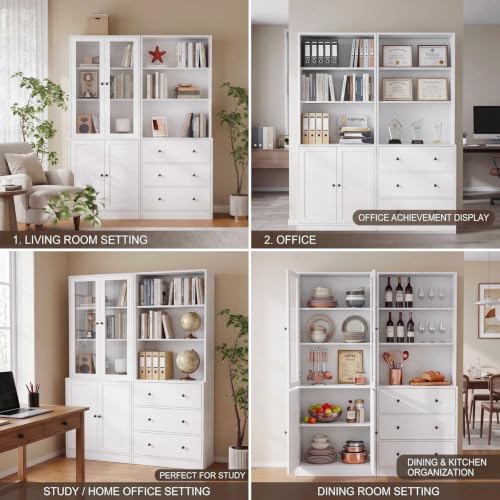 71" H Bookshelf with Storage, 6-Tier Modern Bookshelves with 3 Large Drawer, Display Bookcase with Glass Doors, Modern 5-Tier Curio Cabinet for Home Office, Dining Room (White, ABA)