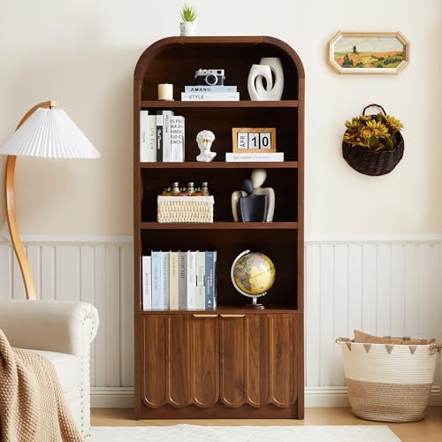 70" Tall Arched Bookshelf with Storage Cabinet, Modern 4-Tier Wood Bookcase with Scalloped Doors & Gold Handles, Open Display Shelves for Living Room, Bedroom, or Home Study Office (Walnut)