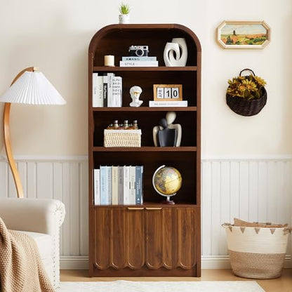70" Tall Arched Bookshelf with Storage Cabinet, Modern 4-Tier Wood Bookcase with Scalloped Doors & Gold Handles, Open Display Shelves for Living Room, Bedroom, or Home Study Office (Walnut)