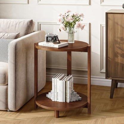 Solid Wood Side Table for Living Room, Small Round End Table with 2-Tier Storage, 19-Inch Wooden Circle Retro Nightstand, Accent Furniture for Small Spaces, Bedroom, Apartment, Brown