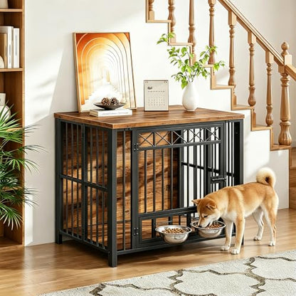 Foldable Dog Crate Furniture with 360° Rotating Double Bowls, view 6