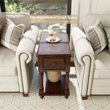 Narrow End SideTable with Drawer and Storage Shelf, Solid Wood Sofa Tables, Slim Beside Table- Telephone for Small Spaces, Living Room, 22"L x 13"W x 22.7"H No-tools Assembly Dark Walnut BBJ004DWA