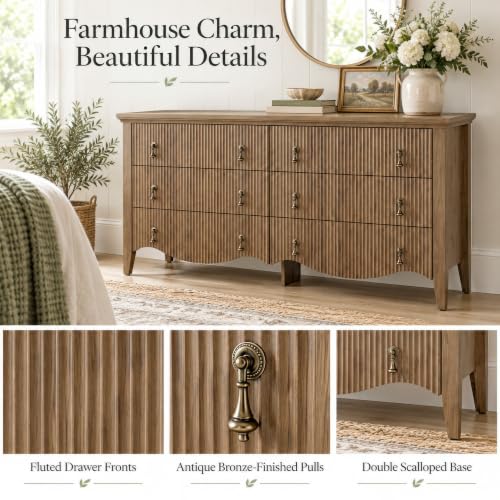6-Drawer Fluted Dresser, 52" Wide Double Chest of Drawers,Light Oak, view 5