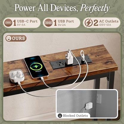 110.2 Inch Behind Couch Table with 2 Power Outlets and USB-C Ports, Extra Long Narrow Sofa Table for Sectional Sofa, Skinny Console Table with Anti-Bump Pads, for Living Room, Rustic Brown