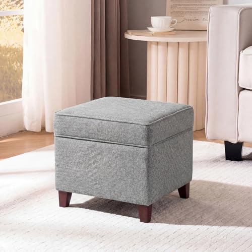 Linen Storage Ottoman with Wooden Legs, 17" Square Upholstered Flip-Top Footrest Stool, Extra Seat or Coffee Table for Living Room, Bedroom, Entryway, Grey