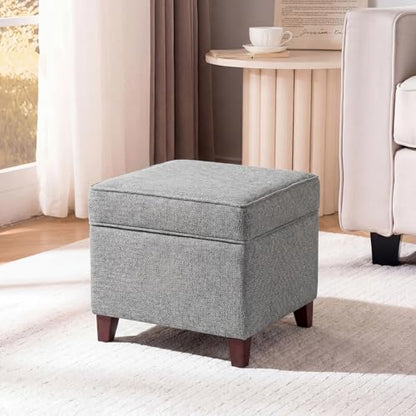 Linen Storage Ottoman with Wooden Legs, 17" Square Upholstered Flip-Top Footrest Stool, Extra Seat or Coffee Table for Living Room, Bedroom, Entryway, Grey