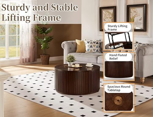 Round Lift Top Coffee Table with Storage, Wood Circle Center Table No Assembly Required with Large Hidden Compartment, Modern Drum Coffee Table for Living Room, Office (31"x31"x16")
