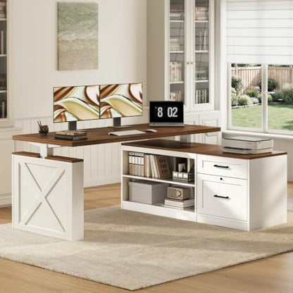 55 Inch Farmhouse L Shaped Electric Standing Desk, Walnut+White, view 4