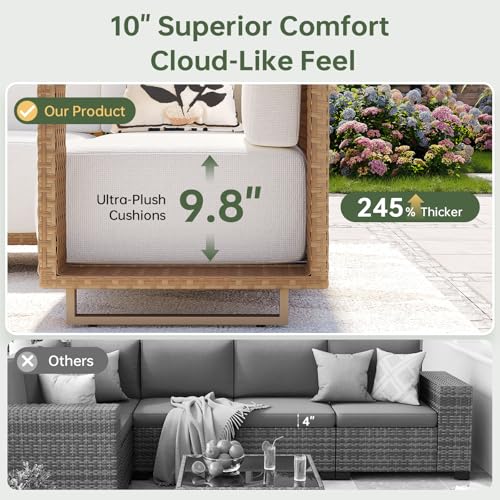 Patio Furniture Set, 6 Piece Outdoor Wicker Sectional Sofa, All‑Weather Rattan Modular Sofa with 10'' Ultra‑Thick Cushions, Outdoor Conversation Set for Backyard, Poolside & Garden, Yellow/Beige