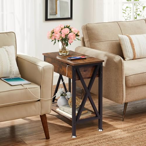 End Tables Living Room Set of 2 with Charging Station, 12"D x 24"W x 24"H | Flip Top End Table with USB Ports and Outlets, Skinny Table for Small Space, End Table with Steel X-Shaped Frame,Rustic Brown
