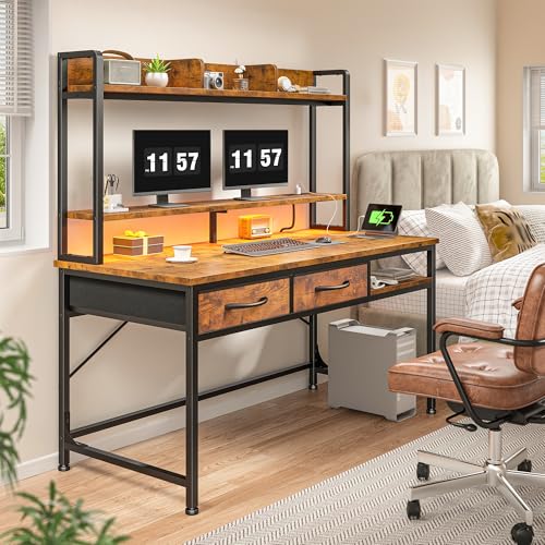 39.4" Office Desk with Hutch&Drawers,Monitor Stand, LED Lights, view 3