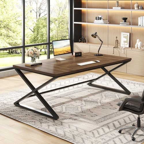 Wood Large Computer Desk, 70.8” Long Home Office Desk for Two Person, Farmhouse Work Study Writing Table in Bedroom, Simple Wide Metal Executive Double PC Gaming Workstation, Rustic Oak