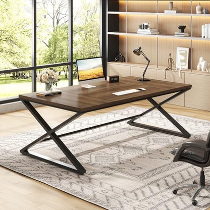 Wood Large Computer Desk, 70.8” Long Home Office Desk for Two Person, Farmhouse Work Study Writing Table in Bedroom, Simple Wide Metal Executive Double PC Gaming Workstation, Rustic Oak