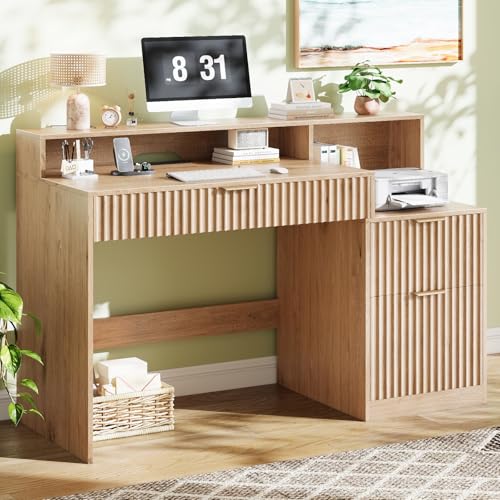 Fluted Computer Desk with Drawers, Home Office Desk with Power Outlets, Printer Stand and Storage Cabinet, Study Writing Desks with Long Monitor Stand, Oak