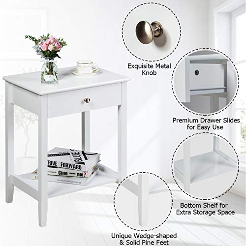 Nightstand Wooden 2-Tier Couch Sofa Side Table with Drawer, Storage Shelf, Solid Wood Legs,Mufti-Functional Home Furniture for Living Room Bedroom Study Room End Table (2, White)