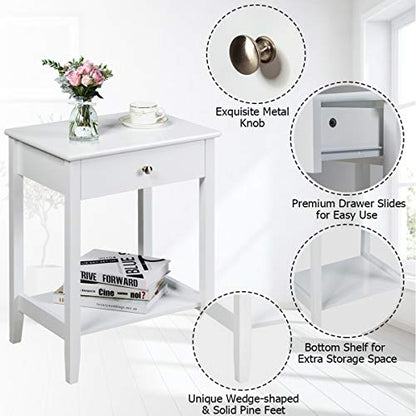 Nightstand Wooden 2-Tier Couch Sofa Side Table with Drawer, Storage Shelf, Solid Wood Legs,Mufti-Functional Home Furniture for Living Room Bedroom Study Room End Table (2, White)