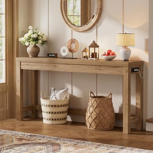63" Console Table with Charging Station, 13.8" Deep Farmhouse Sofa Table Behind Couch with 2 AC Outlets & 3 USB Ports, Long Entryway TV Console or Home Office Desk, Natural Oak