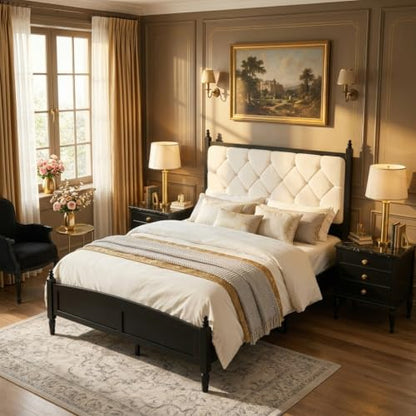 Queen Upholstered Platform Bed Frame with Tufted Headboard, Beige Black, view 5