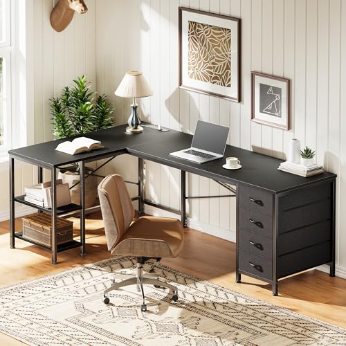 55 Inch L Shaped Desk with Fabric Drawers, Reversible Computer Gaming Desk with Power Outlets and USB-C Port, Adjustable Side Storage Shelves, for Work Study Corner Home Office, Black