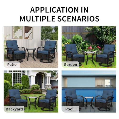 YLGJ&TIDY Outdoor Patio Furniture 3PCS Set Wicker Swivel Rocking Armchairs Set of 2 Rattan Coffee Table Cushions Patio Swivel Glider Chairs Set for Backyard Balcony Garden (Blue, Wicker 1)