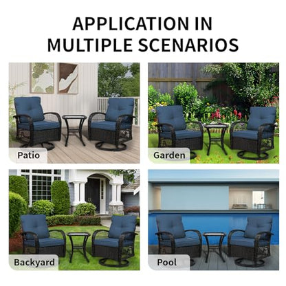 YLGJ&TIDY Outdoor Patio Furniture 3PCS Set Wicker Swivel Rocking Armchairs Set of 2 Rattan Coffee Table Cushions Patio Swivel Glider Chairs Set for Backyard Balcony Garden (Blue, Wicker 1)