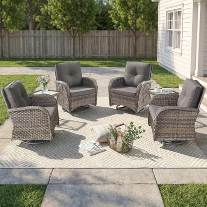 Outdoor Swivel Glider Rocker Chairs Set of 4 - Wicker Patio Furniture Set All Weather Patio Conversatio Sets with 2 Tempered Glass Side Table for Deck Backyard - Brown Wicker Grey Cushion