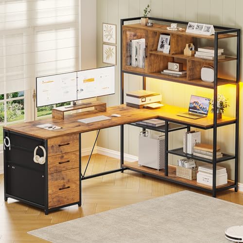 58'' L Shaped Computer Office Desk with 3 Drawers and Bookshelf, view 2