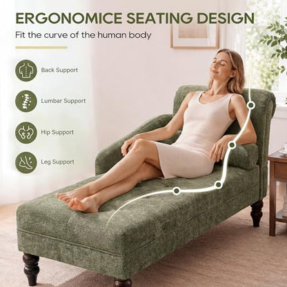 Chaise Lounge Chair Indoor with Right Armrest, Chenille, Green, view 5