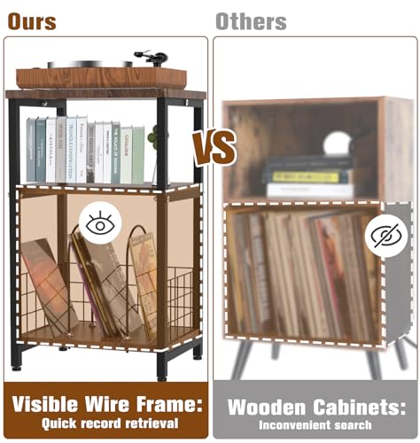 Record Player Stand, 3 Tier Side End Table with Vinyl Record Storage Basket, Turntable up to 100 Albums Record Shelf Display Holder Cabinet for Living Room, Bedroom, Office, Black