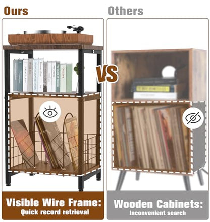 Record Player Stand, 3 Tier Side End Table with Vinyl Record Storage Basket, Turntable up to 100 Albums Record Shelf Display Holder Cabinet for Living Room, Bedroom, Office, Black